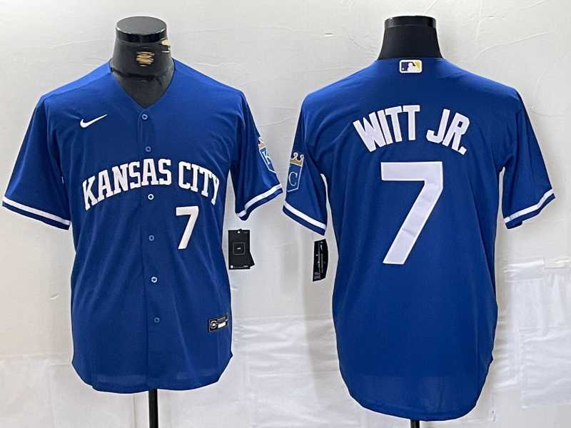 Men%27s Kansas City Royals #7 Bobby Witt Jr Number Blue Cool Base Stitched MLB Jersey